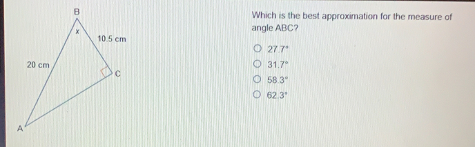 Which is the best approximation for the measure of angle ABC? 27.7 ° 31.7 ° 58.3 ° 62.3 °