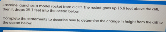 Jasmine launches a model rocket from a cliff. The rocket goes up 16.8 feet above the cliff, then it drops 28.1 feet into the ocean below. Complete the statements to describe how to determine the change in height from the cliff to the ocean below.