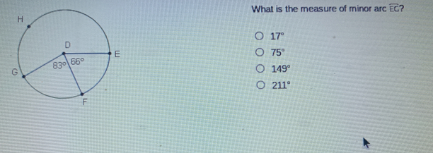 What is the measure of minor arc widehat EC 17 ° 75 ° 149 ° 211 °