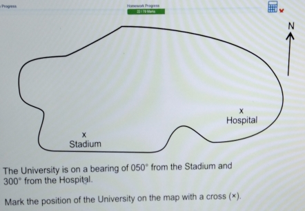 Progress Homework Progorss The University is on a bearing of 050 ° from the Stadium and 300 ° from the Hospital. Mark the position of the University on the map with a cross ×.