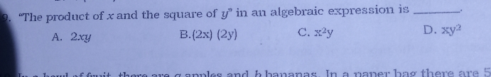 “The product of x and the square of y ° in an algebraic expression is D. A. 2xy B. 2x 2y C. x2y xy2 hal effmit thee are g annlae and h hananas n a naner hao there araf