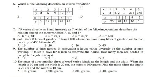 6. Which of the following describes an inverse variation? C, B.D. y 1227487525201510 y 7. If R varies directly as S and inversely as T, which of the following equations describes the relation among the three variables R, S, and T? A. R=kJST B. R=kT/V C. R=kS/T D. R=KST 8. John uses 8 liters of gasoline to travel 100 kilometers, how many liters of pasoline will he use on a trip of 450 kilometers? A. 16 B. 20 C. 36 D. 45 9. The number of days needed in renovating a house varies inversely as the number of mer working. It takes 6 days for 8 men to renovate the house. How many men are needed to A. 12 complete the job in 4days? B. 9 C. 6 D. 3 10.The mass of a rectangular sheet of wood varies jointly as the length and the width. When the length is 30 cm and the width is 20 cm, the mass is 600 grams. Find the mass when the length is 20 cm and the width is 10 cm. A. 100 grams B. 200 grams C. 300 grams D. 400 grams