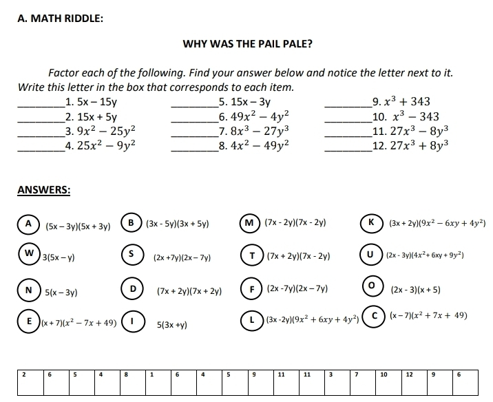 A. MATH RIDDLE: WHY WAS THE PAIL PALE? Factor each of the following. Find your answer below and notice the letter next to it. Write this letter in the box that corresponds to each item. __1. 5x-15y _5. 15x-3y _9. x3+343 _2. 15x+5y __6. 49x2-4y2 __10. x3-343 _3. 9x2-25y2 _7. 8x3-27y3 _11. 27x3-8y3 _4. 25x2-9y2 __8. 4x2-49y2 _12. 27x3+8y3 ANSWERS: 5x-3y5x+3y B 3x-5y3x+5y 7x-2y7x-2y 3x+2y9x2-6xy+4y2 35x-y 2x+7y2x-7y 7x+2y7x-2y 2x-3y4x2+6xy+9y2 5x-3y 7x+2y7x+2y 2x-7y2x-7y 2x-3x+5 x+7x2-7x+49 53x+y 3x-2y9x2+6xy+4y2 x-7x2+7x+49 2 6 5 4 8 1 6 4 5 9 11 11 3 7 10 12 9 6