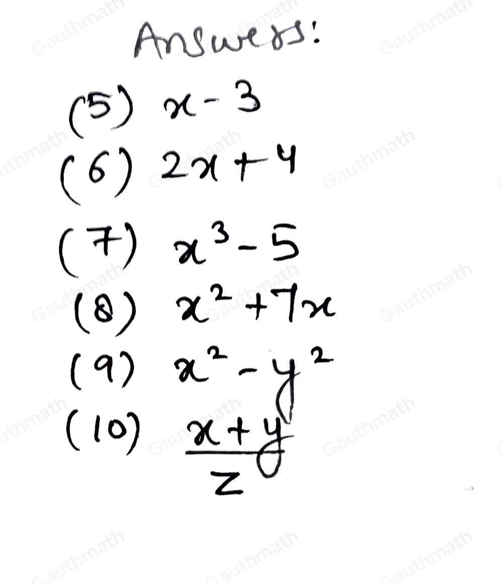 5. A number less by three Ans. 6. Twice of a number added by four Ans. 7. The cube of a number less than five Ans. 8. The area of a rectangle whose length is seven morc than its width Ans. 9. The difference of a square of two numbers Ans. 10. The quotient of the sum of two numbers by another number Ans