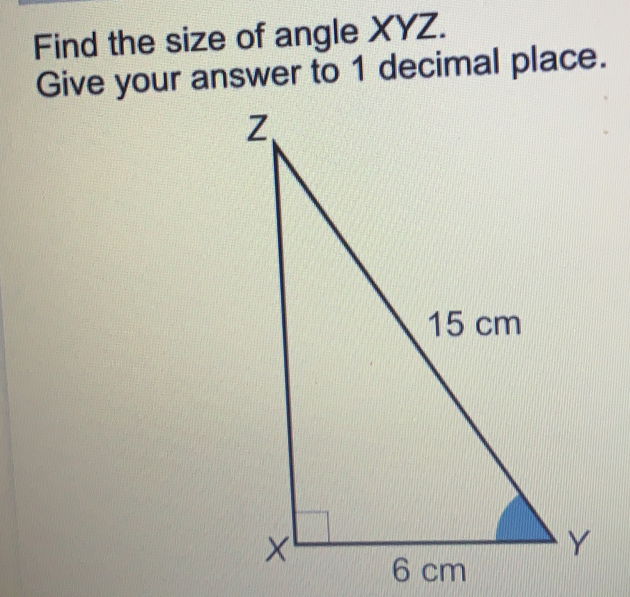Find the size of angle XYZ. Give your answer to 1 decimal place. 6 cm