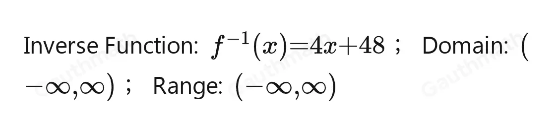 What is the inverse of the function fx= 1/4 x-12 ? hx=48x-4 hx=48x+4 hx=4x-48 hx=4x+48 Save and Exit Mark this and rejum