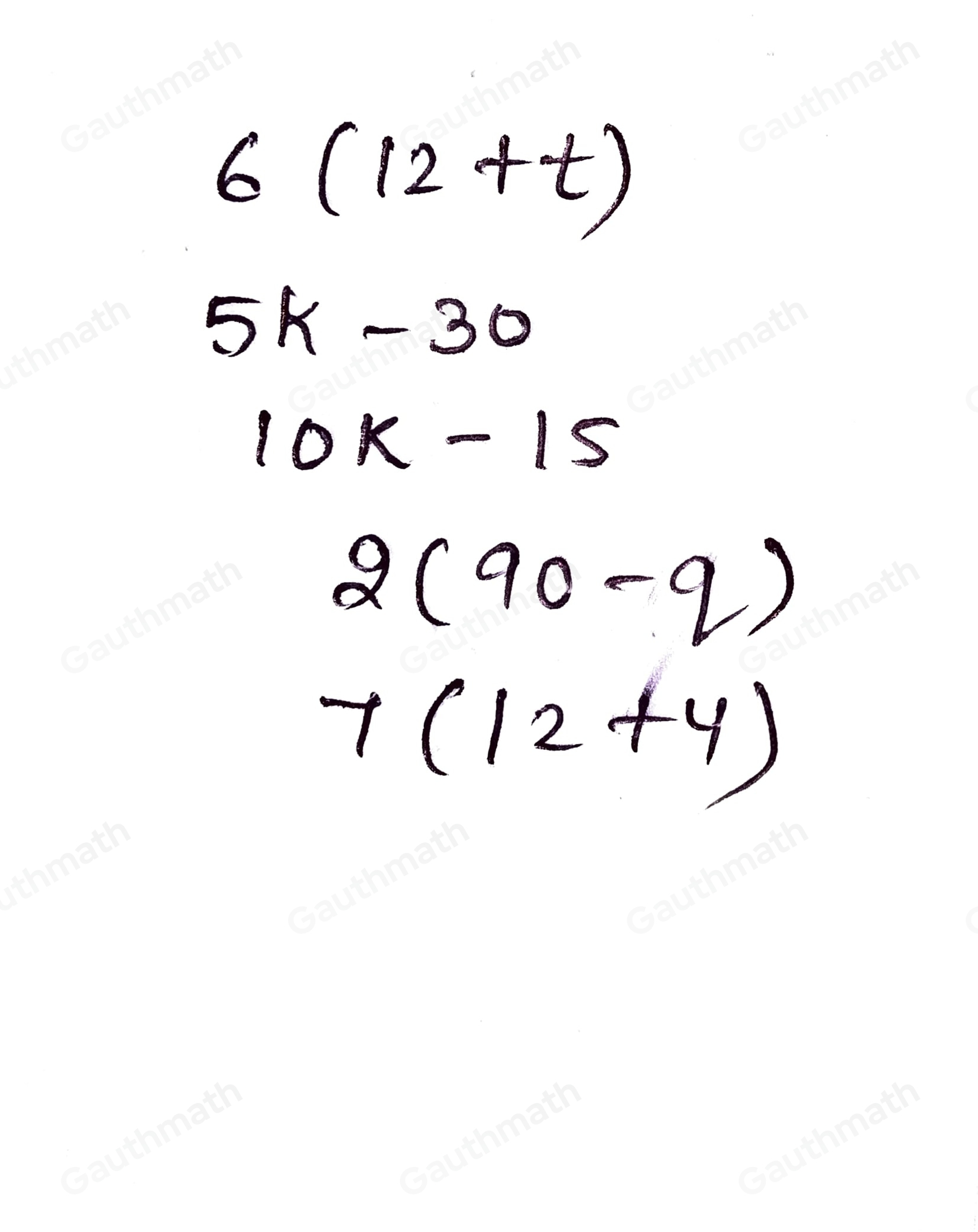 SET C1 C.1. Translate the following word phrases into algebraic expressions. 1.six times the sum of twelve and t. 2. thirty taken from five times k 3. fifteen subtracted from ten times k 4.twice the difference between ninety and q 5. seven multiplied to the sum of twelve and four