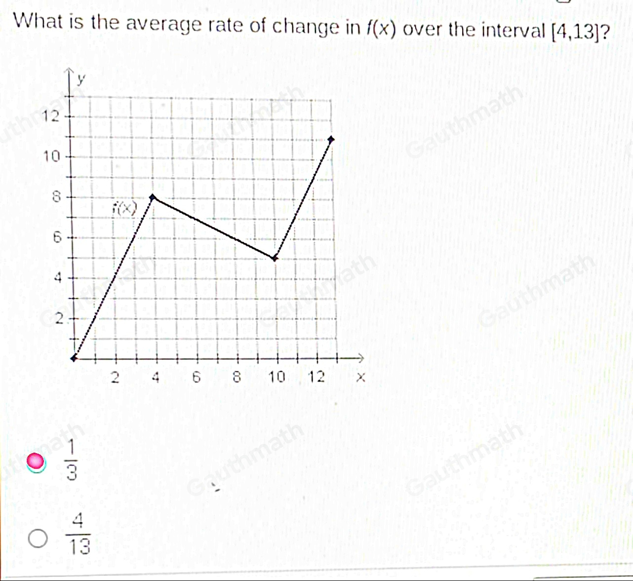 What is the average rate of change in fx over the interval [4,13] ? 1/3 4/13