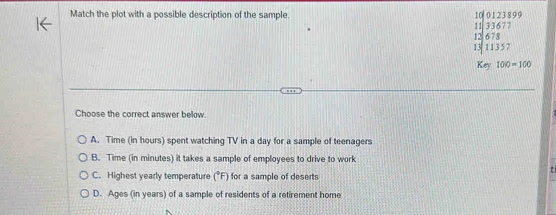 Match the plot with a possible description of the sample. Key 10|0=100 Choose the correct answer below. A. Time in hours spent watching TV in a day for a sample of teenagers B. Time in minutes it takes a sample of employees to drive to work C. Highest yearly temperature ° F for a sample of deserts D. Ages in years of a sample of residents of a retirement home