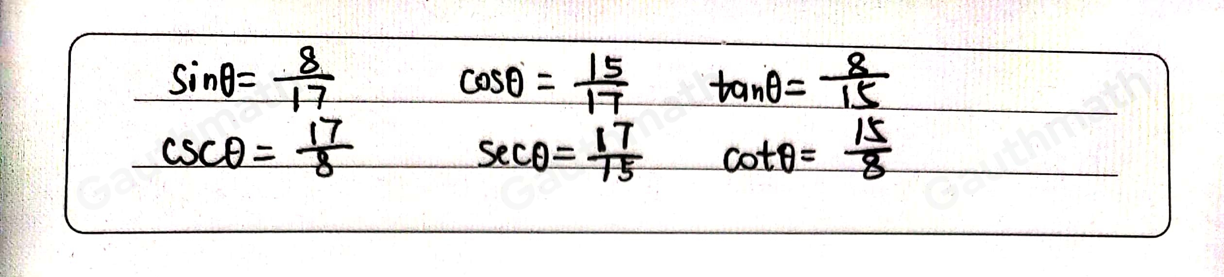 Use the figure below to complete the six trigonometric ratios: sine, cosine, tangent. cosecant, secant, and cotangent. Sin θ = csc θ = Cos θ = Sec θ = Tan θ = Cot θ = SOH-CAH-TOA CHO-SHA-CAO Sine Cosine Tangent Cosecant Secant Cotangent