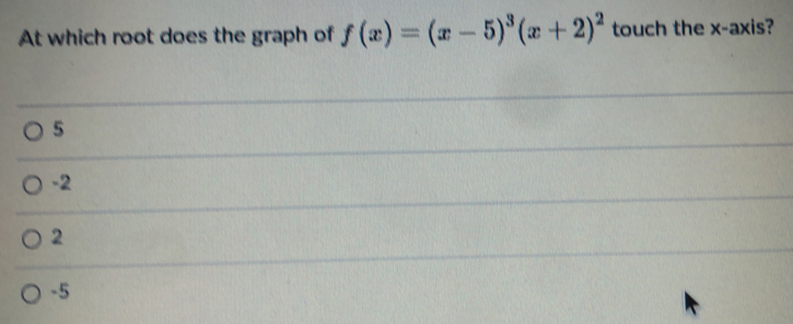 At which root does the graph of fx=x-53x+22 touch the x-axis? 5 -2 2 -5