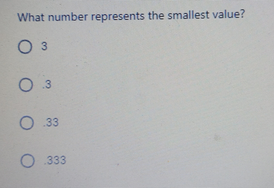 What number represents the smallest value? 3 .3 .33 .333
