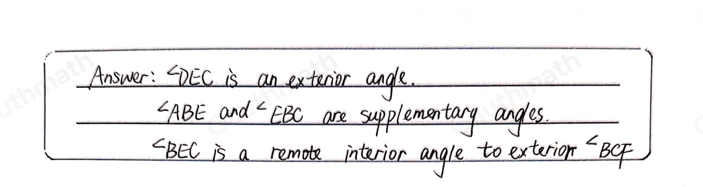 TIME REMAINING 01:18:35 Which statements regarding the diagram of Delta EBC are true? Select three options. angle BEC is an exterior angle. is an exterior angle angle DEC angle ABE and angle EBC are supplementary angles. angle BCF and angle DEC are supplementary angles. angle BEC is a remote interior angle to exterior angle BCF