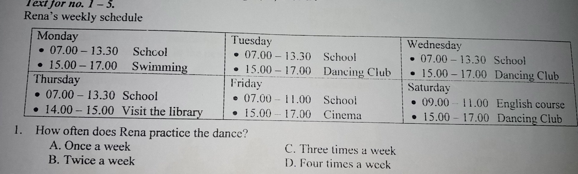 Text for no. 1 - 5. Rena's weekly schedule Monday Tuesday Wednesday . 07.00-13.30 School sim 07.00-13.30 School *School 07.00-13.30 15.00-17.00 Swimming 15.00-17.00 Dancing Club 15.00-17.00 Dancing Club Thursday Friday Saturday 07.00-11.00 07.00- 13.30 School School 09.00-11.00 English course 14.00-15.00 Visit the library sim 15.00-17.00 Cinema 15.00-17.00 Dancing Club 1. How often does Rena practice the dance? A. Once a week C. Three times a week B. Twice a week D. Four times a week