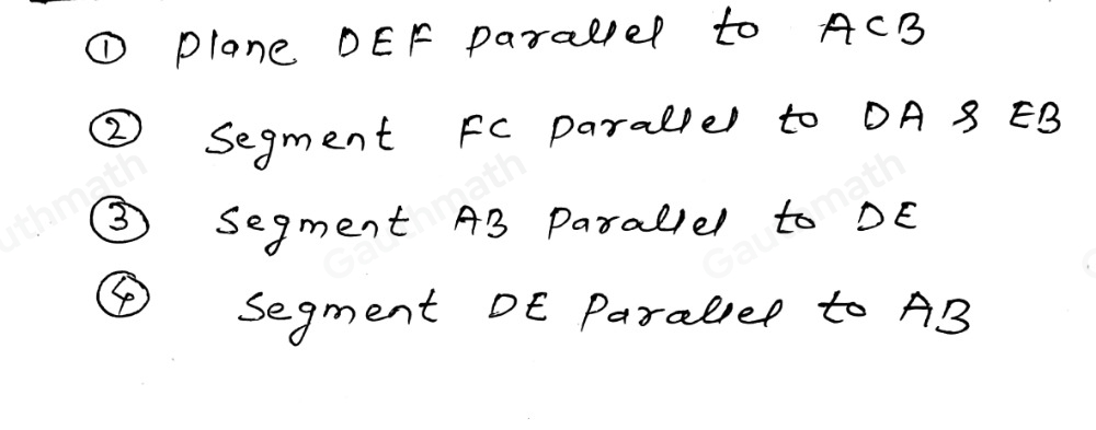 Quiz 3-1: Parallel Lines, Transversals, and Special Angle Pa Use the figure below for questions 1-4. 1. Name a plane parallel to plane DEF. 2. Name a segment parallel to overline FC. 3. Name a segment parallel to overline AB. 4. Name a segment skew to overline DE.