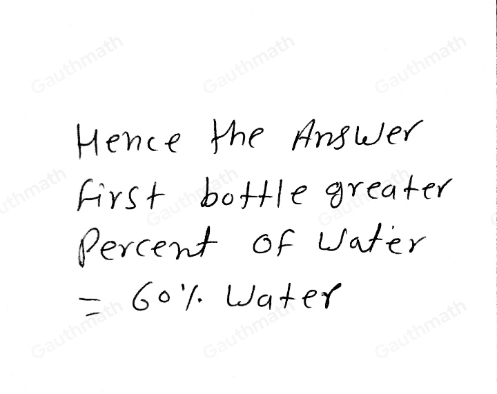 saay An 80-ounce bottle of apple juice contains 32 ounces of water. A 64-ounce bottle of orange juice has 48 ounces of water. Which juice has a greater percent of water? I What percent of the bottle of apple juice is water? ? % water