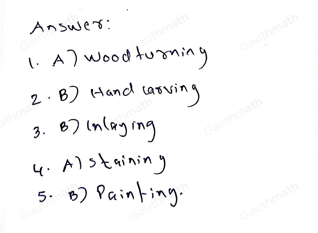 Directlon, identify the methods in enhancing wood, bamboo and metal products. Choose the letter of the correct alr Write it on a clean sheet of paper. i it is a process of using a lathe to make varlous forms and shapes of wood _ 1. A. woodturning B. hand carving C. pyrography _2. It is a method of creating designs on the wood using sharp object. 7. A. Pyrography B. hand carving C. flocking 3. Which is considered an art using fire or heat to decorate wood? A. Gilding B. Inlaying C. pyrography 4. It is used to color wood and give an illusion of texture 1. A. Staining B. Texturing C. etching 5. This is considered a decorative technique in which powder is applied on wood or other materlals. Embossing B. Painting C. gilding Direction. Read each question carefully and choose the letter of the correct answer.