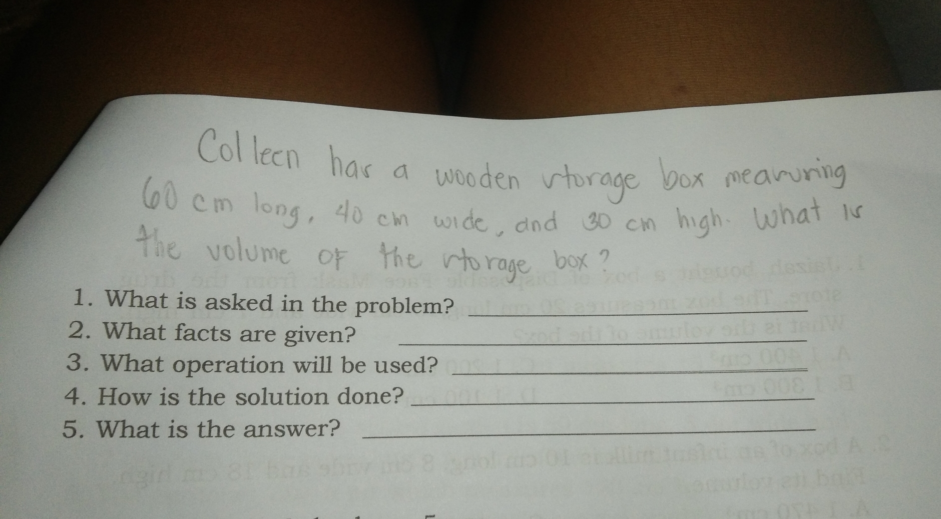 1. What is asked in the problem? 2. What facts are given? 3. What operation will be used? 4. How is the solution done? 5. What is the answer?