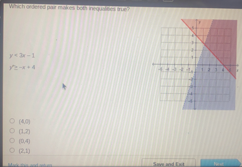 Which ordered pair makes both inequalities true? y<3x-1 y ≥ -x+4 4 4,0 1,2 0,4 2,1 Mark this and retum Save and Exit Next