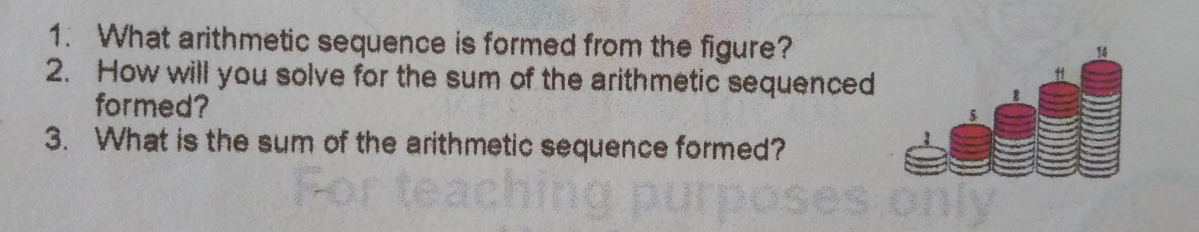 1 What arithmetic sequence is formed from the figure? 2. How will you solve for the sum of the arithmetic sequenced formed? 3. What is the sum of the arithmetic sequence formed?