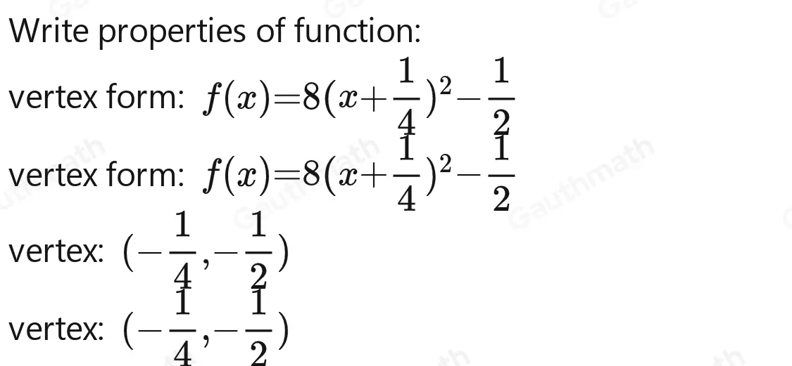 What is fx=8x2+4x written in vertex form? fx=8x+ 1/4 2- 1/2 fx=8x+ 1/4 2- 1/16 fx=8x+ 1/2 2-2 fx=8x+ 1/2 2-4