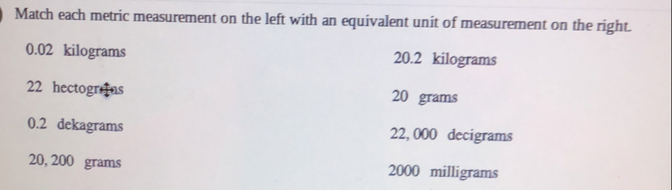 Match each metric measurement on the left with an equivalent unit of measurement on the right. 0.02 kilograms 20.2 kilograms 22 hectogr=ns 20 grams 0.2 dekagrams 22,000 decigrams 20,200 grams 2000 milligrams