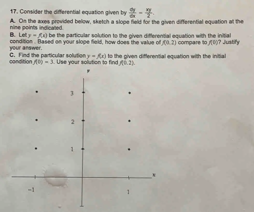 17. Consider the differential equation given by dy/dx = xy/2 . A. On the axes provided below, sketch a slope field for the given differential equation at the nine points indicated. B.Let y=fx be the particular solution to the given differential equation with the initial condition . Based on your slope field, how does the value of f0.2 compare to f0 ? Justify your answer. C. Find the particular solution y=fx to the given differential equation with the initial condition f0=3 . Use your solution to find f0.2.