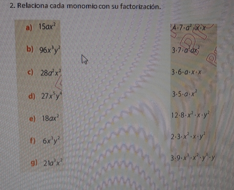 2. Relaciona cada monomio con su factorización. a 15ax2 A . 7 . a2 ,x . x b 96x3y2 3 . 7 . a2dx c 28a2x2 3. 6 . a . x . x d 27x5y4 3"5~ a . x2 e 18ax2 12+ 8 . x2 . x . y2 f 6x3y2 2 3 . x2 . x . y2 g 21a3x2 .9 . x3 . x2 . y3 . y