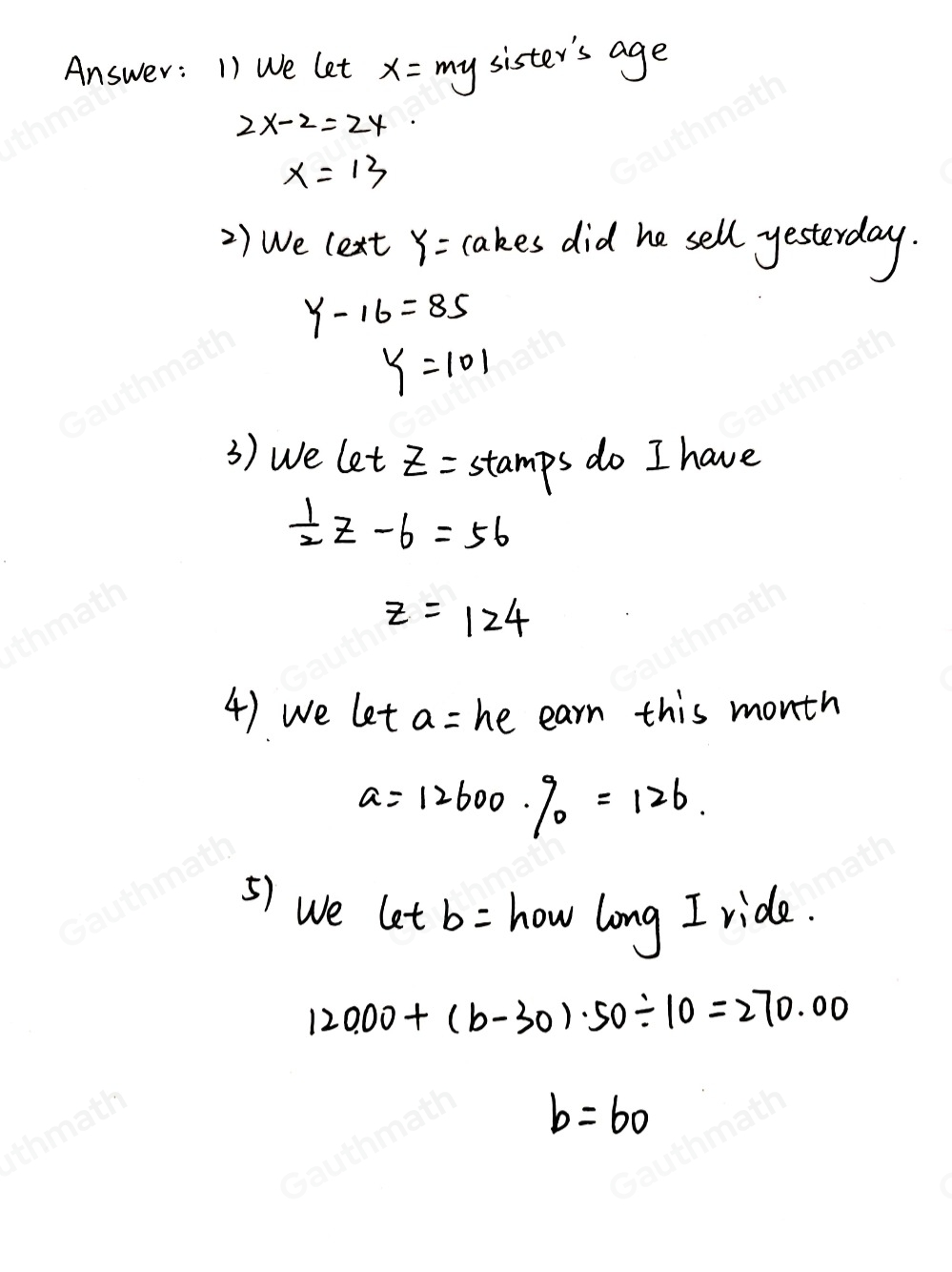 Learning Task 3: Translate each problem into a mathematical eguation then solve- Exemple: LED television is P15,500.00 less than twice the price of an old model. If it costs The price of a 32 ° #29.078.00 to buy the new 32 ° LED television, what is the price of the old model? We let rho =th : the price of 32 ° LED television 29.078-22-15.500 9.078+15.500=2p-15,500+15,500 4 4.578=2p 44 578/2=2p/2 22 289=p Therefore, the price of the old television model is P22,289.00 1. I am 24 years old. My age is 2 less than twice my sister's age. 2. Arvin has a bake shop. He sold 85 cakes today. That is 16 cakes fewer than yesterday. How many cakes did he sell yesterday? 3. Ann have 56 stamps that are 6 less than one-half of my stamps. How many stamps do I have? 4、 This month. Chiz earned only X of his earning last month. If his earning last month is P12.600. How much di he earn this month? 5. In Baguio City, a horse ride costs P120.00 per person for the first 30 minutes and P50.00 for every additional 10 minutes. If you spent P270.00 for a horse ride, for how long did you ride?