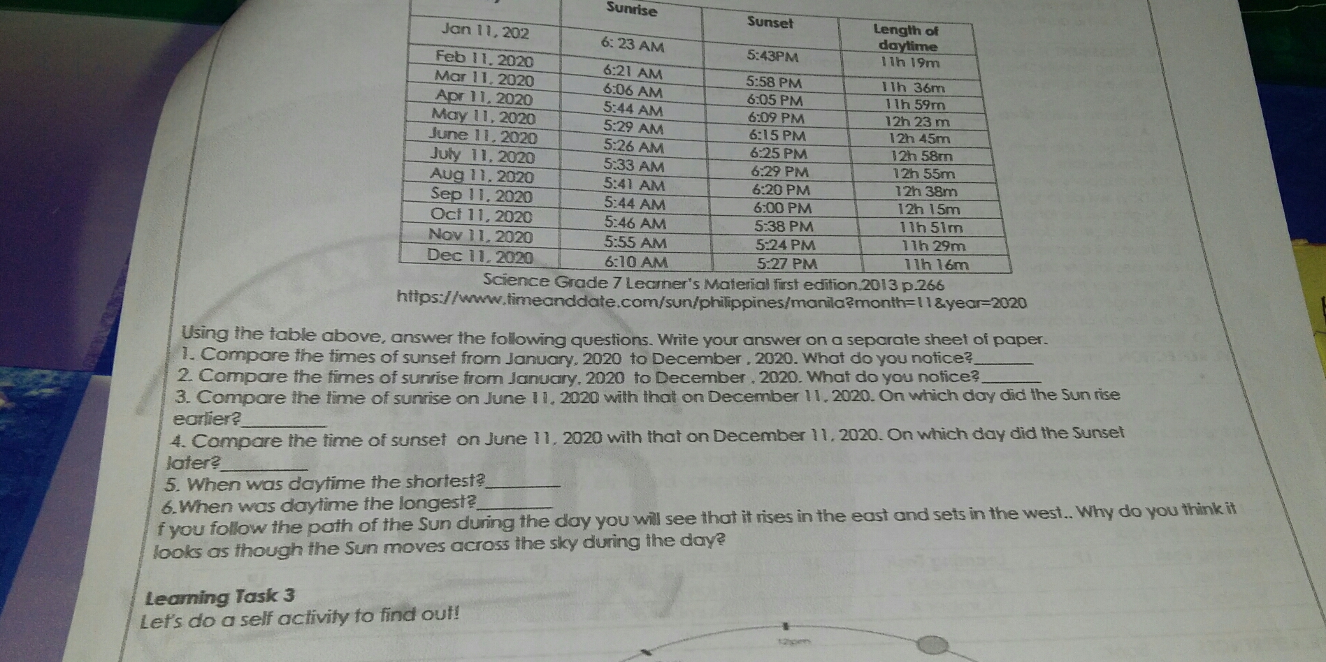 Sunrise Using the table above, answer the following questions. Write your answer on a separate sheet of paper. 1. Compare the times of sunset from January, 2020 to December , 2020. What do you notice? 2. Compare the times of sunrise from January, 2020 to December , 2020. What do you notice? 3. Compare the time of sunrise on June 11, 2020 with that on December 11, 2020. On which day did the Sun rise earlier? 4. Compare the time of sunset on June 11, 2020 with that on December 11, 2020. On which day did the Sunset later? 5. When was daytime the shortest? 6.When was daytime the longest? f you follow the path of the Sun during the day you will see that it rises in the east and sets in the west.. Why do you think it looks as though the Sun moves across the sky during the day? Leaming Task 3 Let's do a self activity to find out!