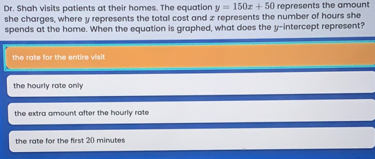 Dr. Shah visits patients at their homes. The equation y=150x+50 represents the amount she charges, where y represents the total cost and x represents the number of hours she spends at the home. When the equation is graphed, what does the y-intercept represent? the rate for the entire visit the hourly rate only the extra amount after the hourly rate the rate for the first 20 minutes