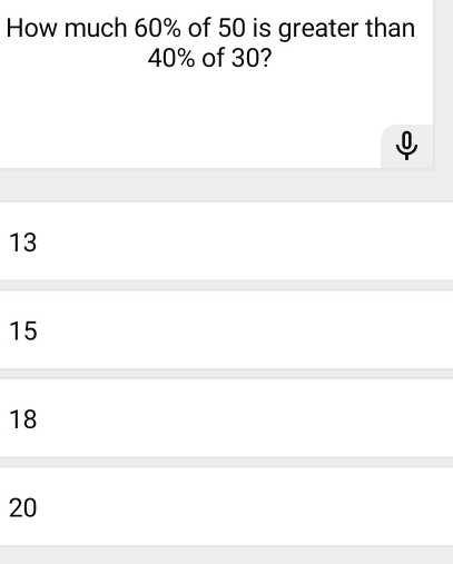 How much 60% of 50 is greater than 40% of 30? 0 13 15 18 20