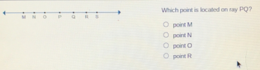 Which point is located on ray PQ? point M point N point O point R