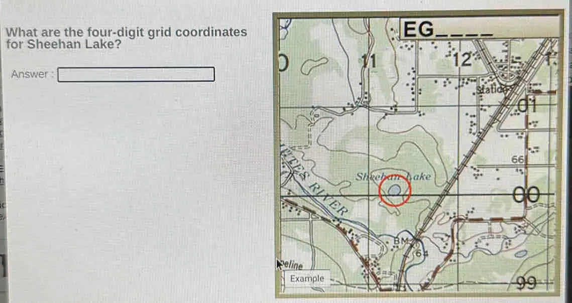 What are the four-digit grid coordinates for Sheehan Lake? Answer : square