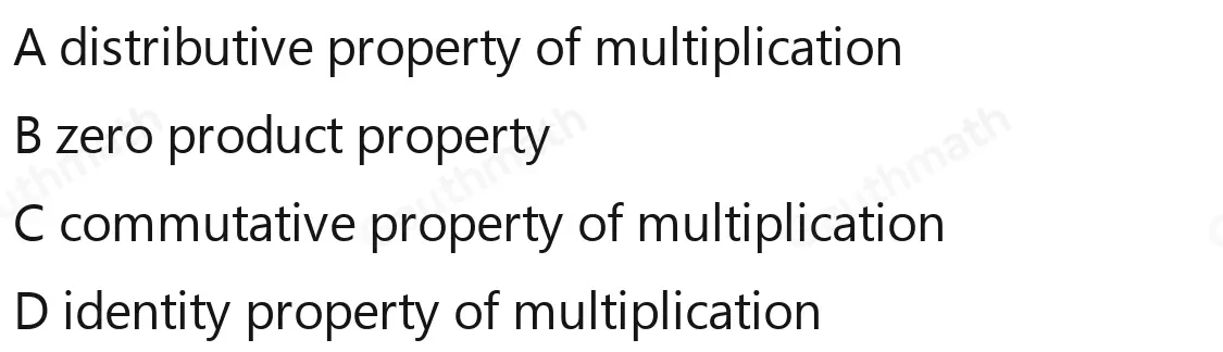 Which equation illustrates the identity property of multiplication? a+bi . c=ac+bci a+bi . 0=0 a+bi . c+di=c+di . a+bi a+bi . 1=a+bi