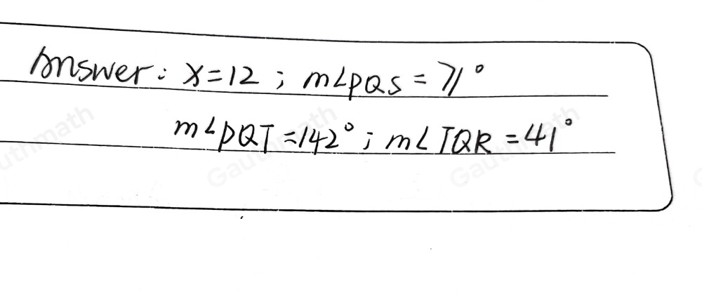 ,if overline QS bisects angle PQT.mangle SQT=8x-25 ° ,mangle PQT=9x+34 ° ', and mangle SQR=112 ° , find each measure. _ x= _ mangle PQS= _ mangle PQT= _ mangle TQR=