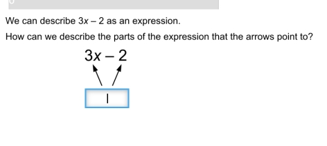 We can describe 3x-2 as an expression. How can we describe the parts of the expression that the arrows point to? 3x-2 1